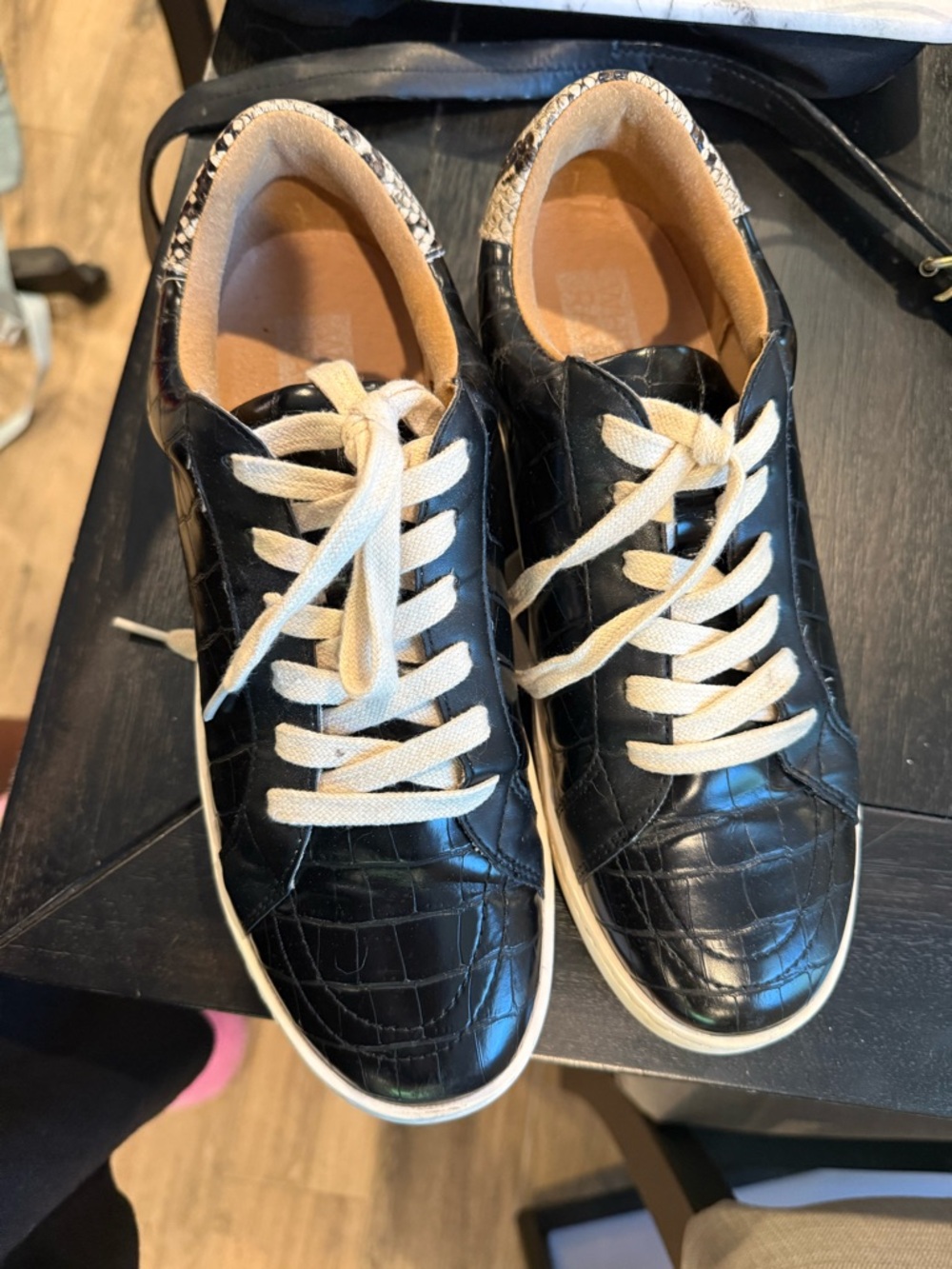 Women's Black Croc-Embossed Low-Top Sneakers with Cream Laces